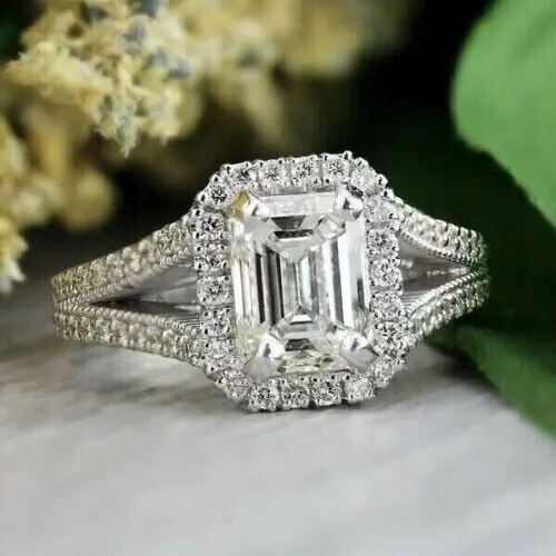 2Ct Emerald Cut Lab Created Diamond Women Engagement Ring 14k White Gold Plated ABC Jewelery