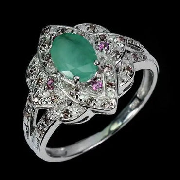 925 Sterling Silver Ring Round Emerald 7x5mm Sapphire Gemstone Jewelry Size 7 ABC Jewelery