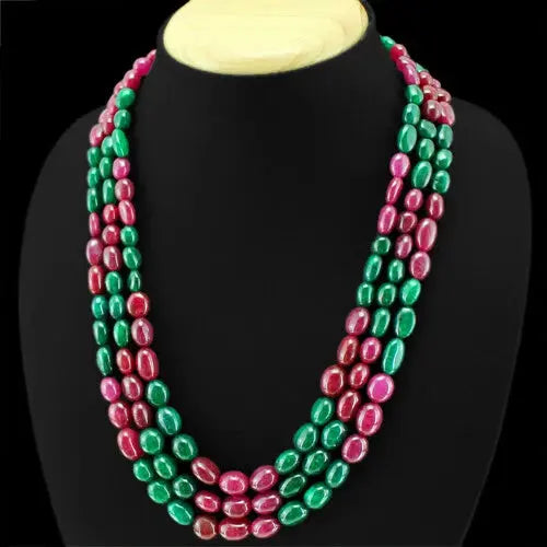 AAA+ Certified Quality 436.00 CT EARTH MINED RED RUBY & GREEN EMERALD 3 LINE ROUND BEADS NECKLACE (RS) ABC Jewelery