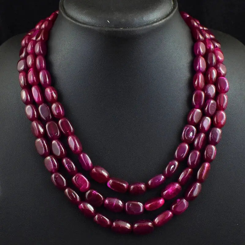 AAA+ Certified Quality 717 Cts Earth Mined 3 Strand Red Ruby Oval Shape Beads Womens Necklace JK 50E343 ABC Jewelery