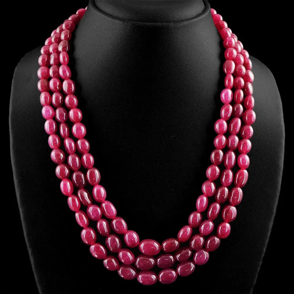 AAA+ Certified Quality AMAZING 622.00 CTS ENHANCED RUBY 3 STRAND OVAL SHAPE BEADS NECKLACE (DG) ABC Jewelery