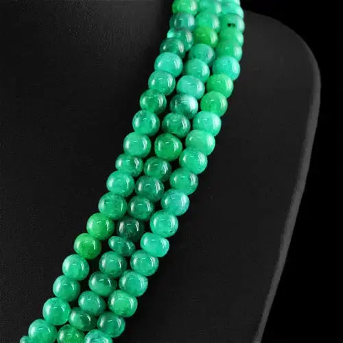 AAA+ Quality GENUINE 505.00 CTS EARTH MINED 3 LINE RICH GREEN EMERALD ROUND BEADS NECKLACE ABC Jewelery