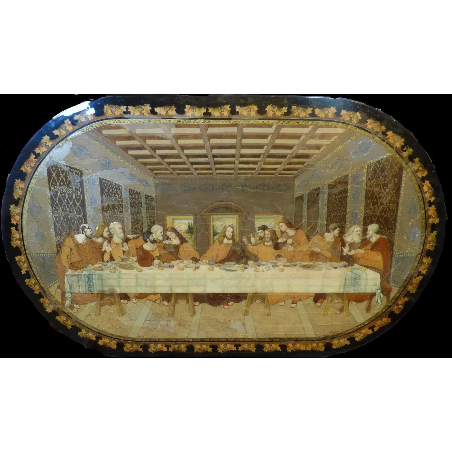 Antique Persian Marquetry Moaragh Fine Art Hand Made Last Supper Decoration 8' 0" X 61" Abcp-268