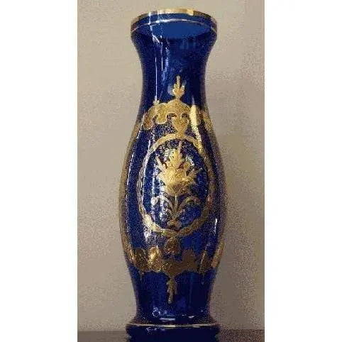 Authentic Art Antique Look Hand Gold Painted Persian Cobalt Blue Glass Vase 21" X 9" Panzag-48