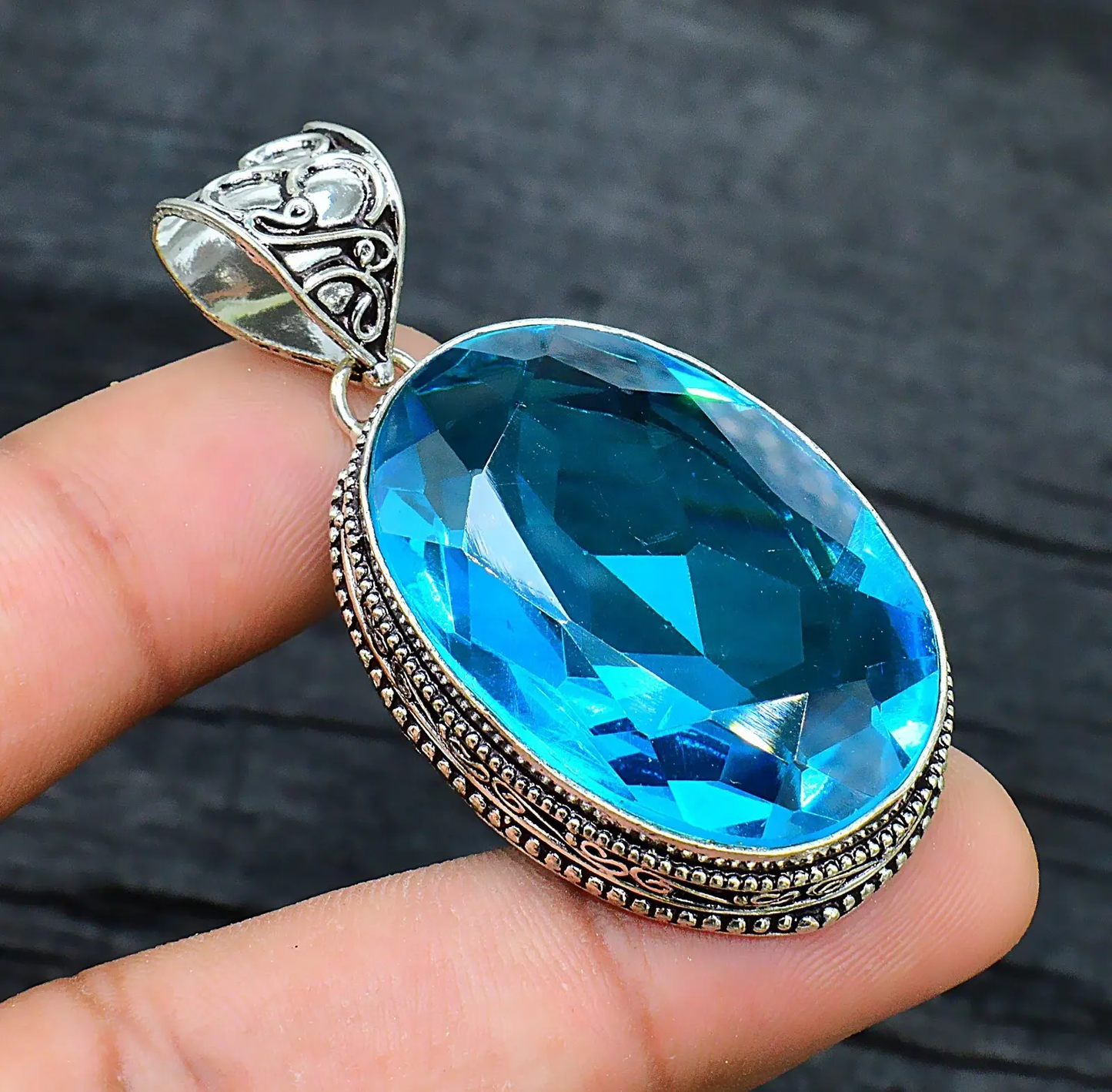 Blue Topaz Gemstone Handmade 925 Sterling Silver Jewelry Pendant Sz-2.2'' ABC Jewelery