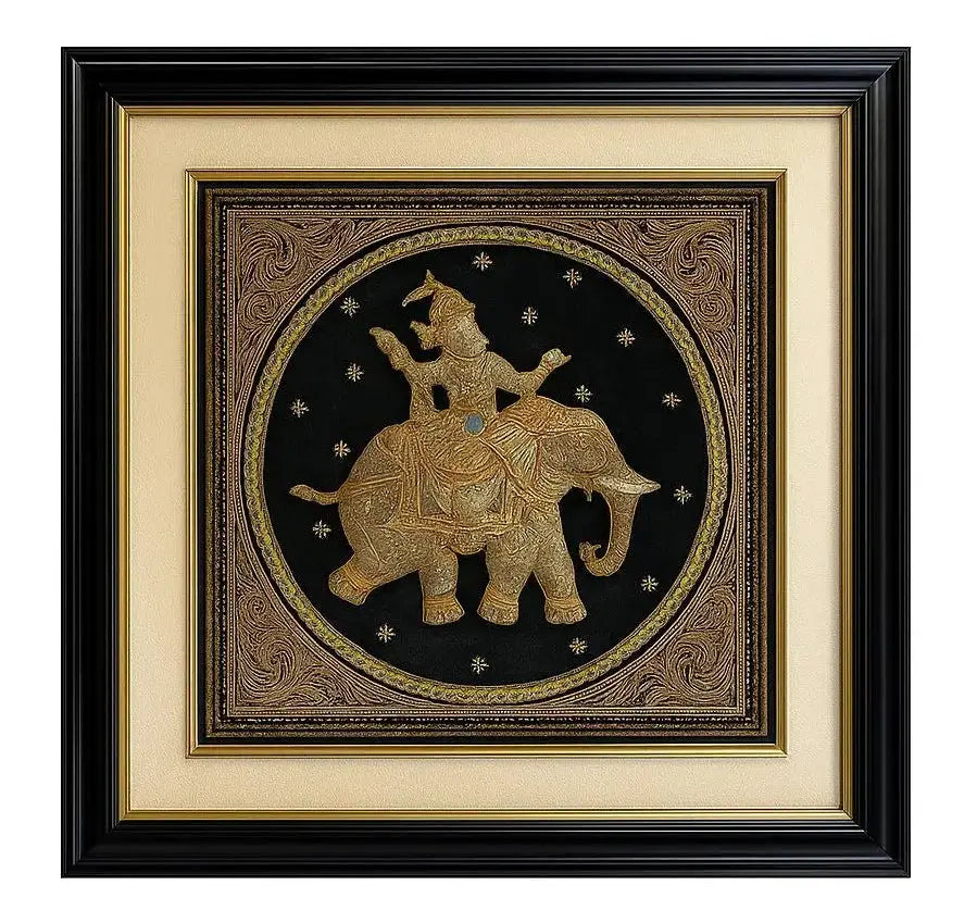 FRAMED TAPESTRY Square tapestry depicting an ornate elephant and rider. Approx. 24" x 24"