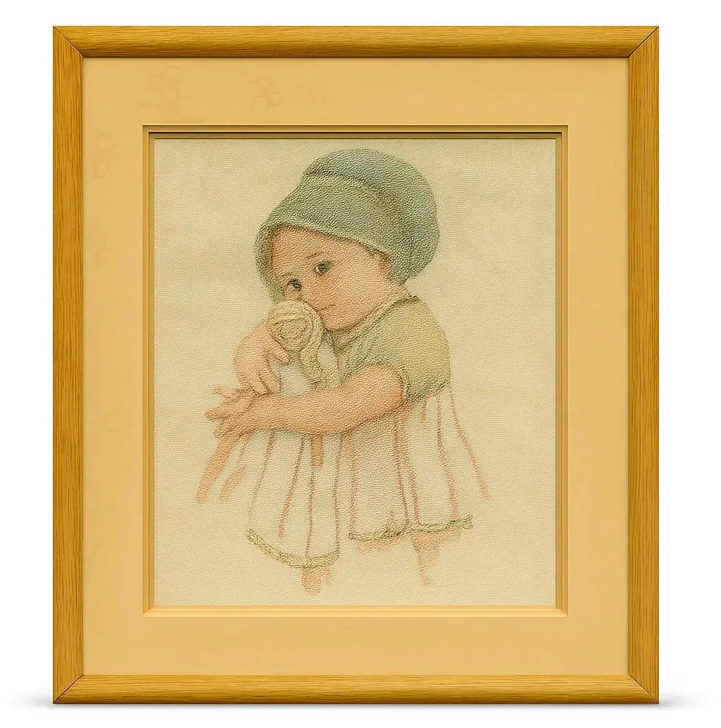 Girl with Doll Tapestry-style portrait of a young girl in a bonnet hugging a cloth