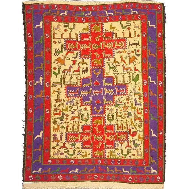 One Of The Kind Hand-Knotted Kilim Soumak 4'9" X 3'5"