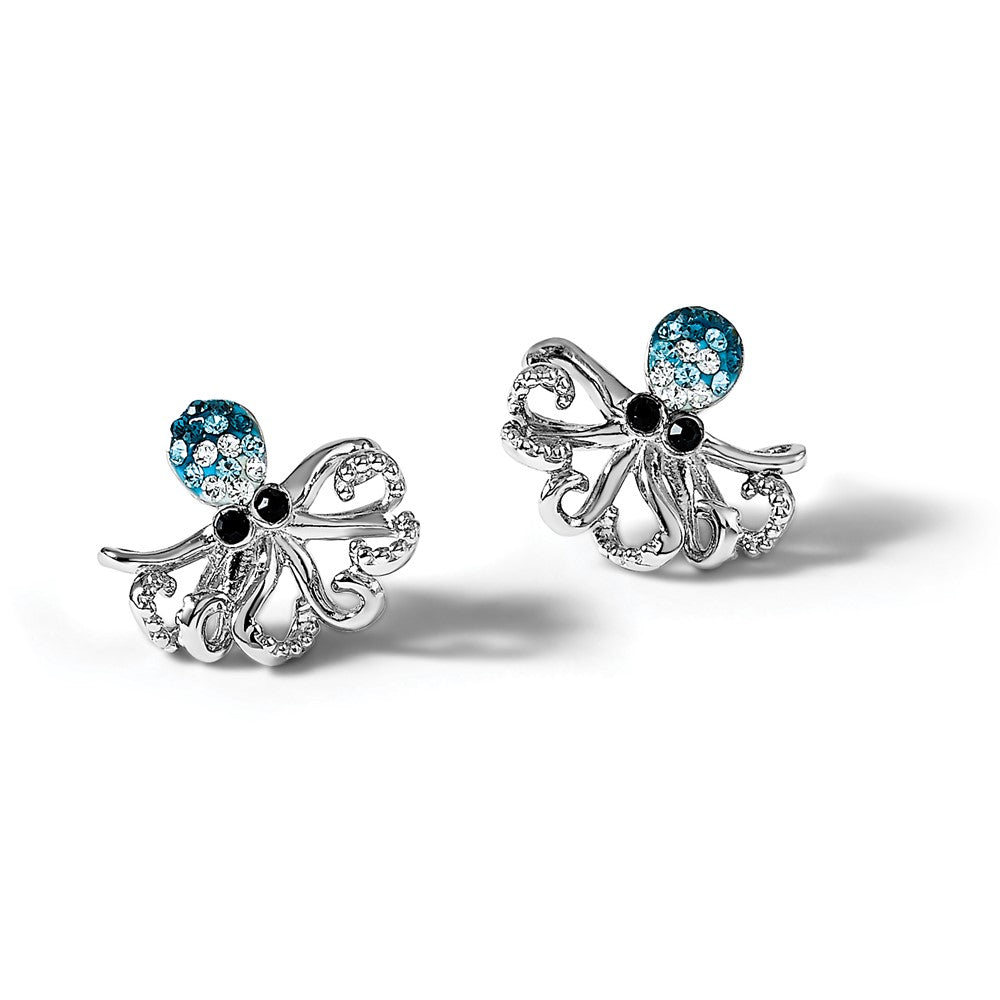 Sterling Silver Rhodium-plated Polished Crystal Octopus Post Earrings