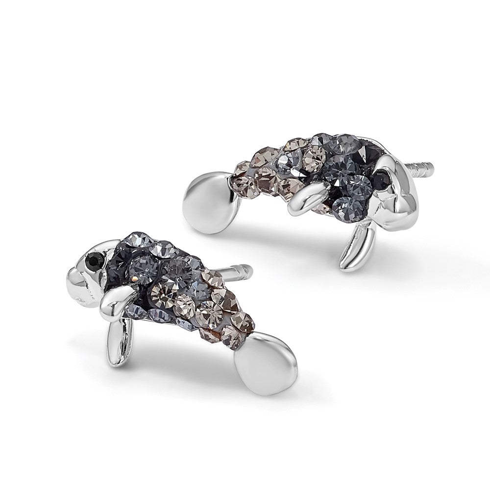 Sterling Silver Rhodium-plated Polished Crystal Manatee Post Earrings