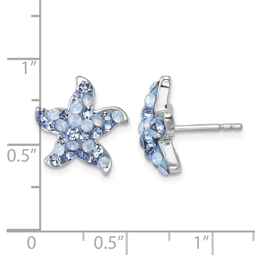 Sterling Silver Rhodium-plated Polished Blue Crystal Starfish Post Earrings