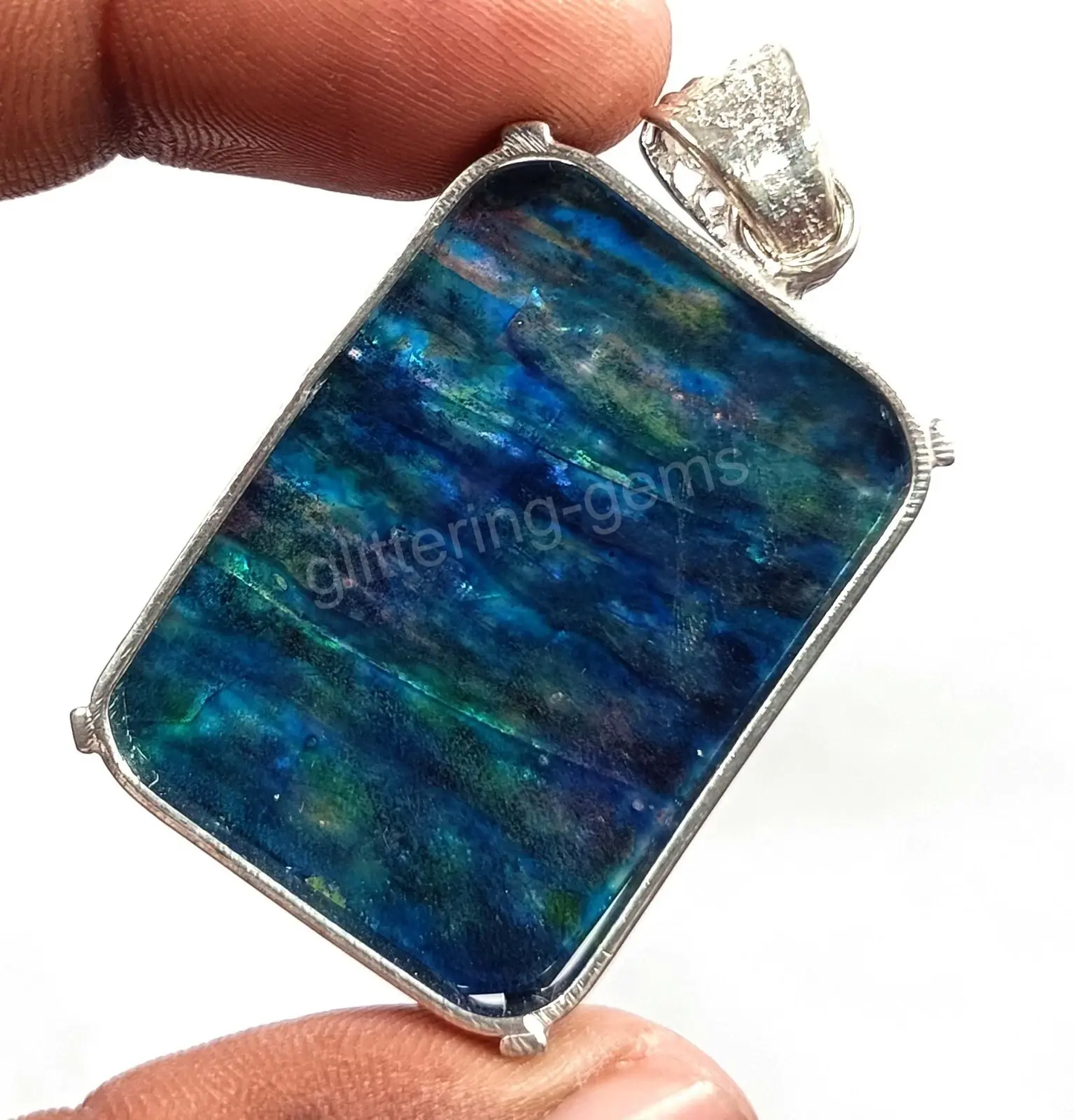 IGL 79 CT Natural Emerald Cut Ammolite 925 Solid Silver Pendant Loose Gems 5JSC ABC Jewelery