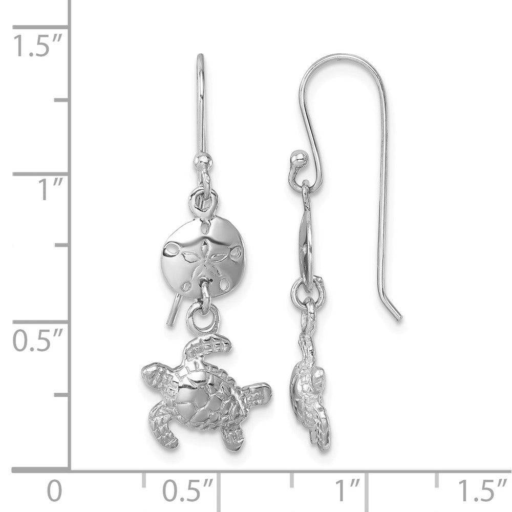 Sterling Silver Rhodium-plated Sand Dollar And Turtle Dangle Earring