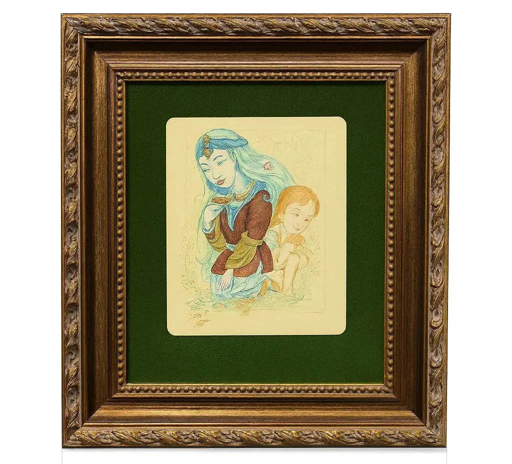 Tapestry, Decorative textile with intricate embroidery of a seated figure. Approx. 12" x 12"