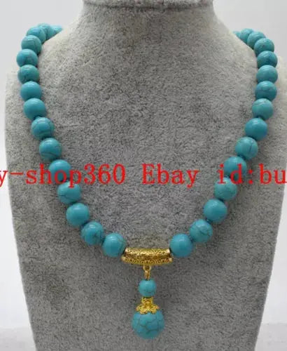 Natural 10mm Blue Turquoise Round Gemstone Beads Pendant Necklace 18" AAA ABC Jewelery