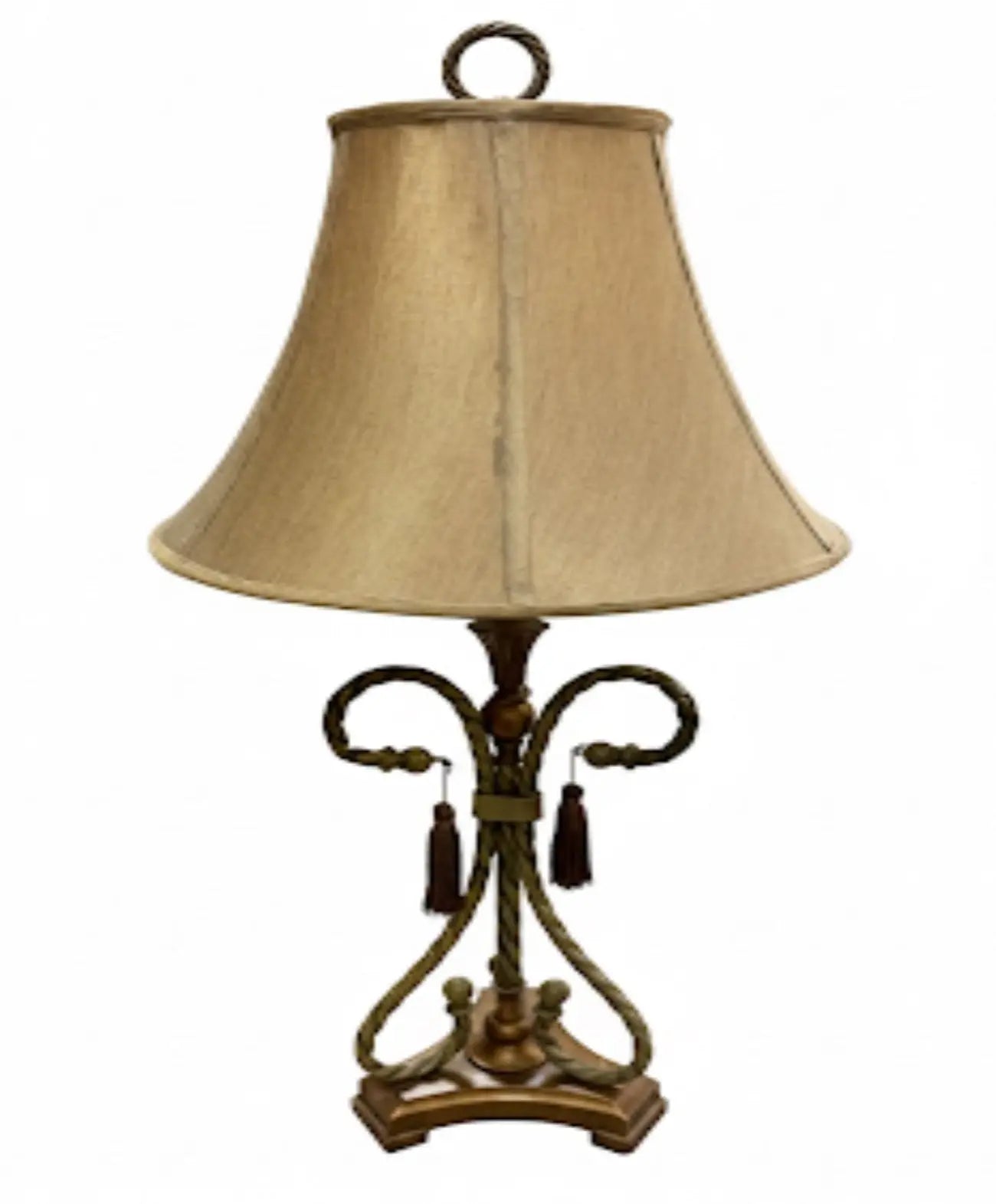 Ornate Antique Table Lamp, Traditional lamp with a twisted metal base, and beige fabric shade. Approx. 29' x 19",