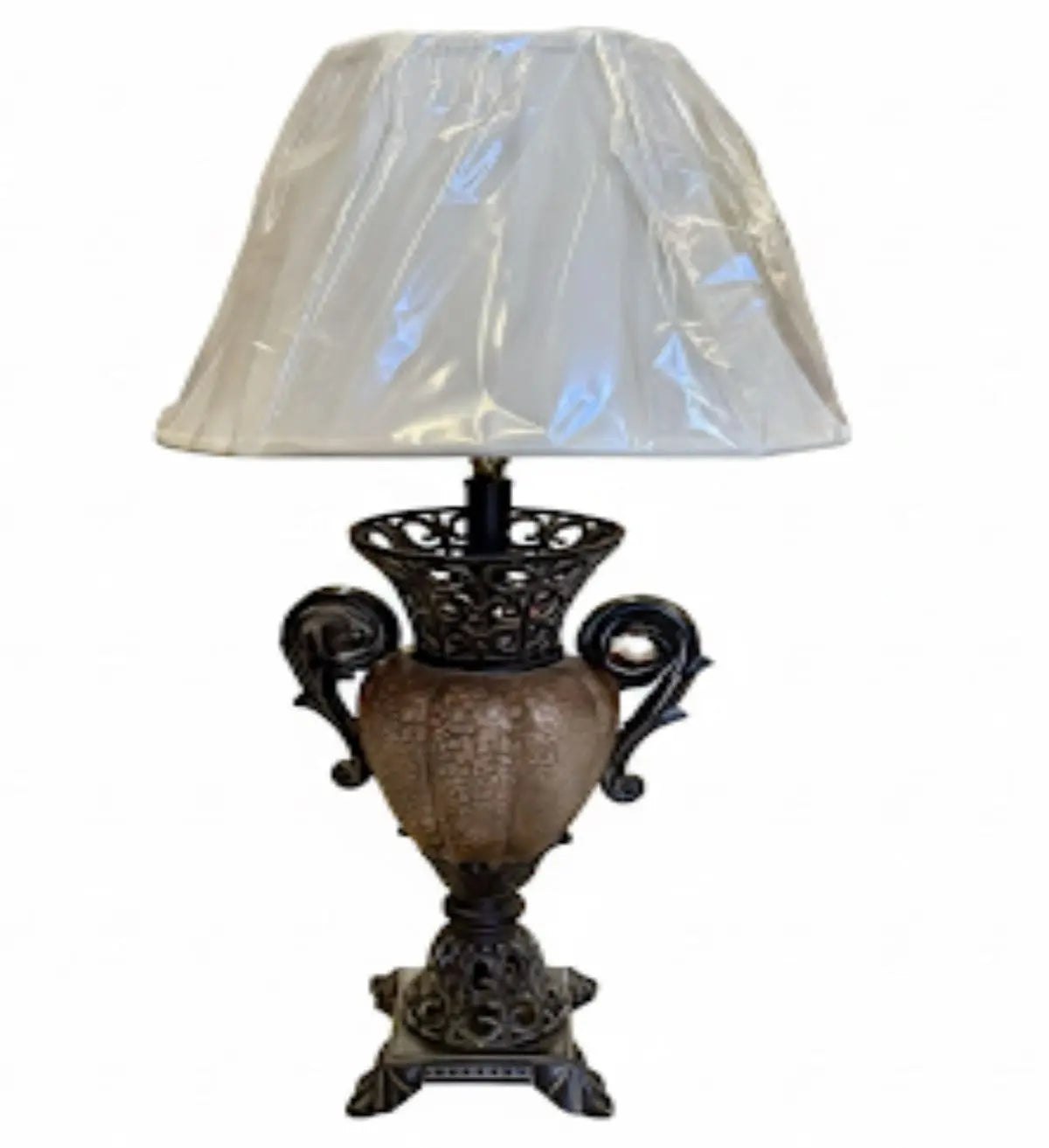 Ornate Urn Table Lamp, Traditional lamp with a crackled finish body, ornate metal base, and a shade still in protective plastic. Approx. 29" x 19" ABC Rugs Kilims