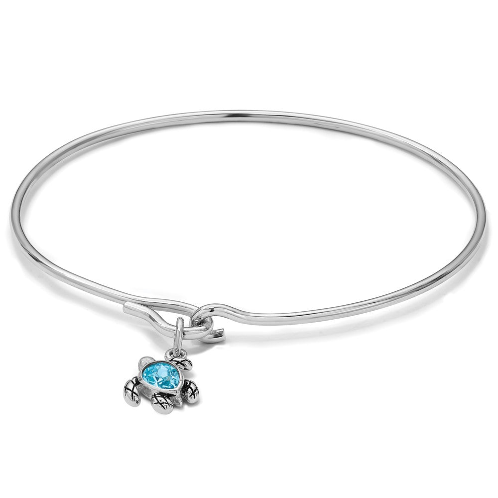 Sterling Silver Rh-plated Thin Dangle Crystal Turtle Hook Bangle