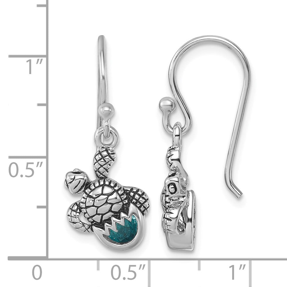Sterling Silver Rhodium-Plated Blue Crystal Hatching Turtle Dangle Earrings