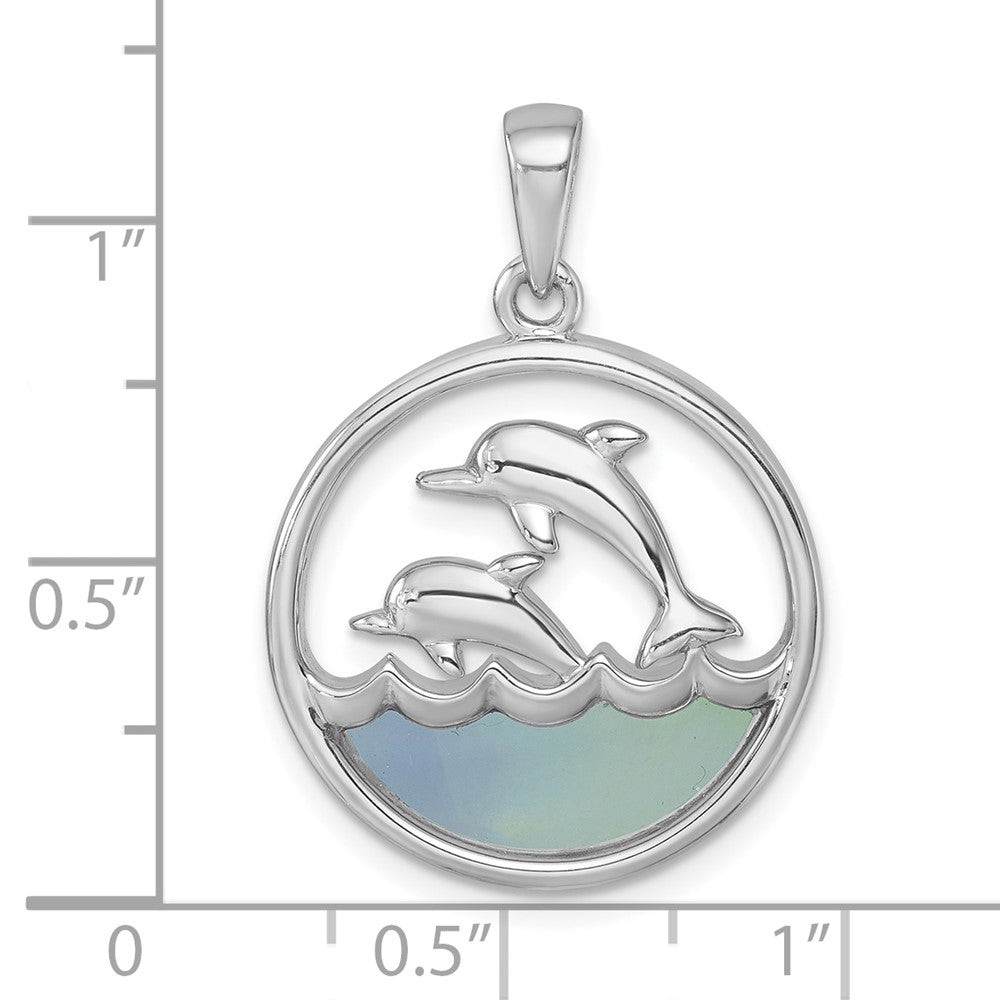 Sterling Silver Rhodium-Plated Round Blue Agate Double Dolphin Pendant