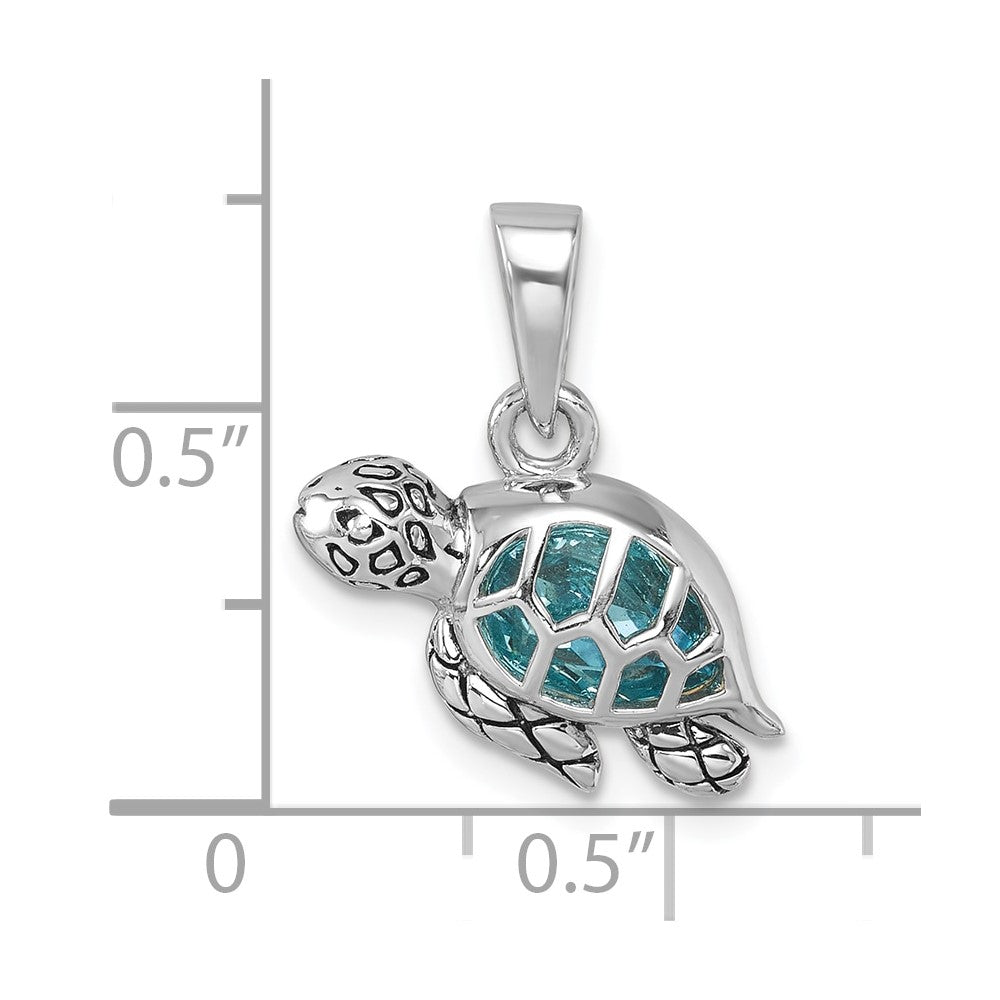 Sterling Silver Rhodium-Plated Antiqued Crystal Swimming Turtle Pendant