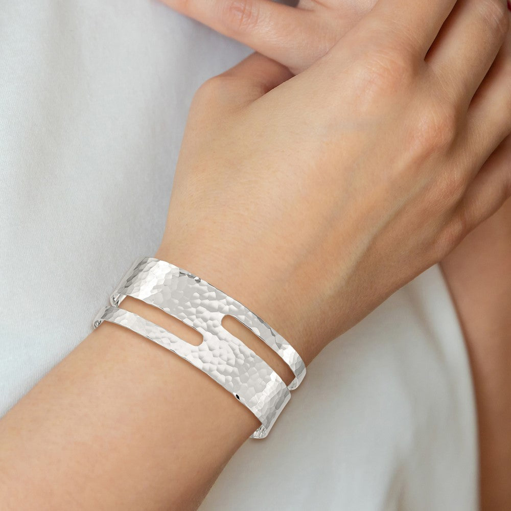 Sterling Silver Solid Polished Hammered Fancy 23mm Cuff Bangle Bracelet
