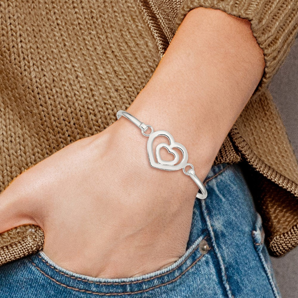 Sterling Silver Heart within a Heart w/Hook Closure Bangle Bracelet