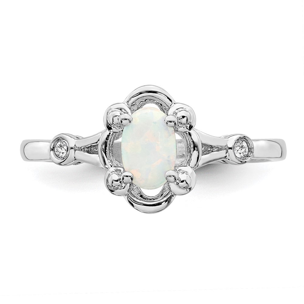 Sterling Silver Rhodium-plated Created Opal & Diam. Ring