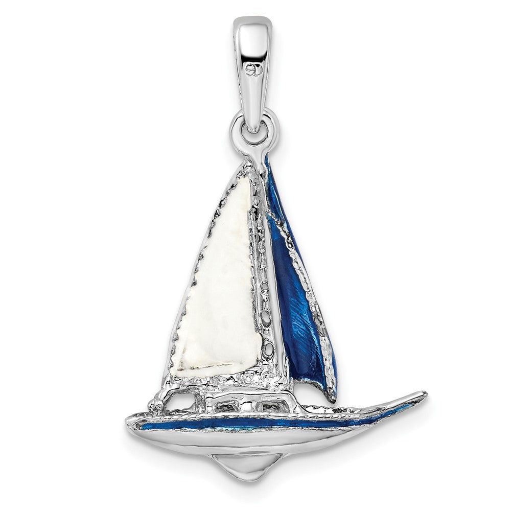 Sterling Silver Rhodium-plated Polished 3D Enameled Sailboat Pendant