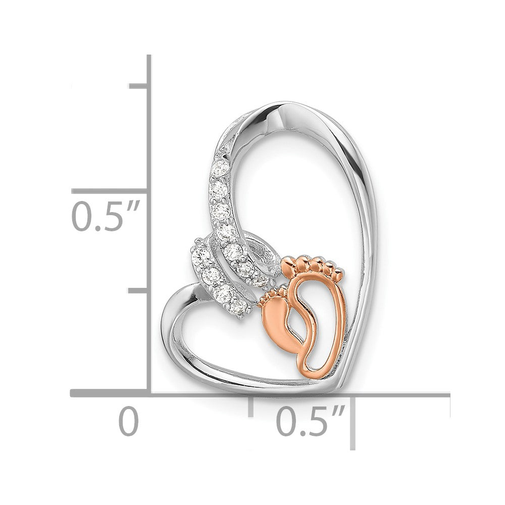 Sterling Silver Rhodium/Rose Gold-plated CZ Heart with Footprint Pendant