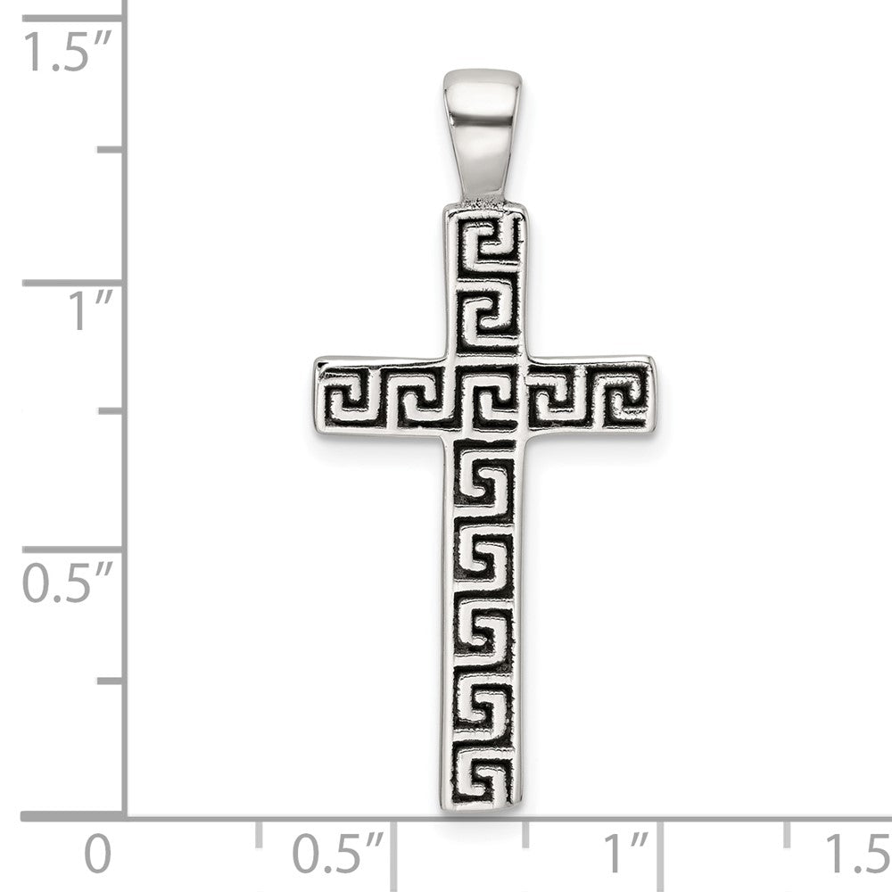 Sterling Silver Polished and Antiqued Greek Key Latin Cross Pendant