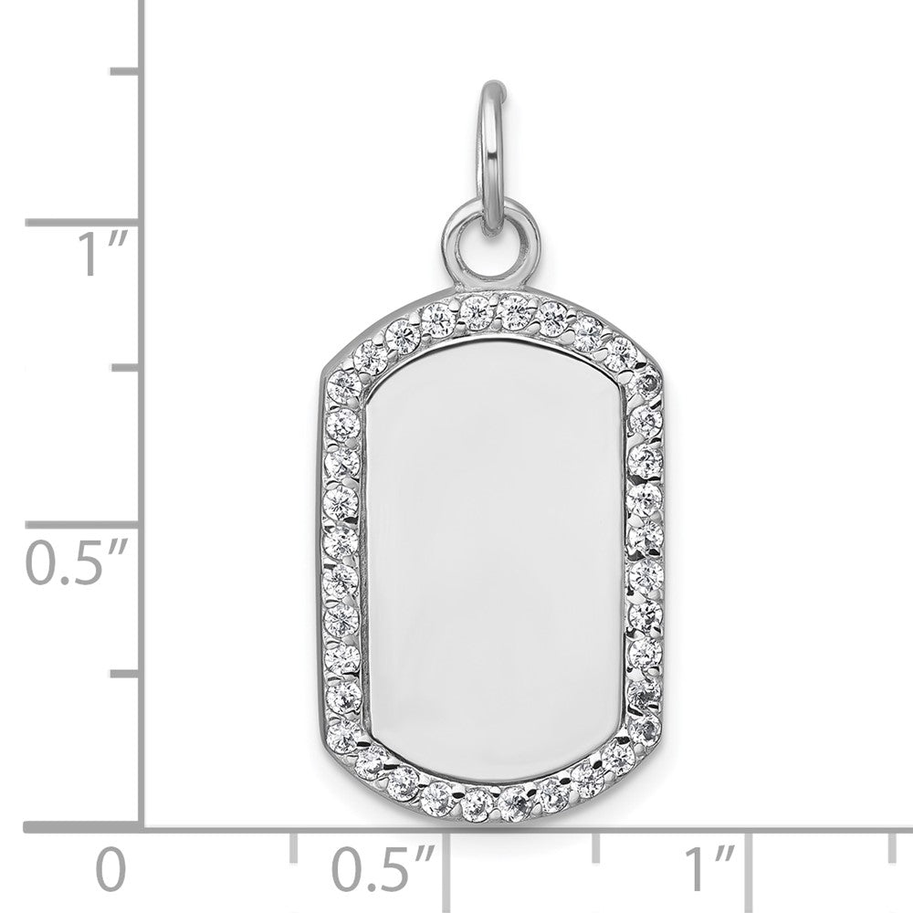 Sterling Silver Rhodium-plated Polished CZ Engraveable Dog Tag Pendant