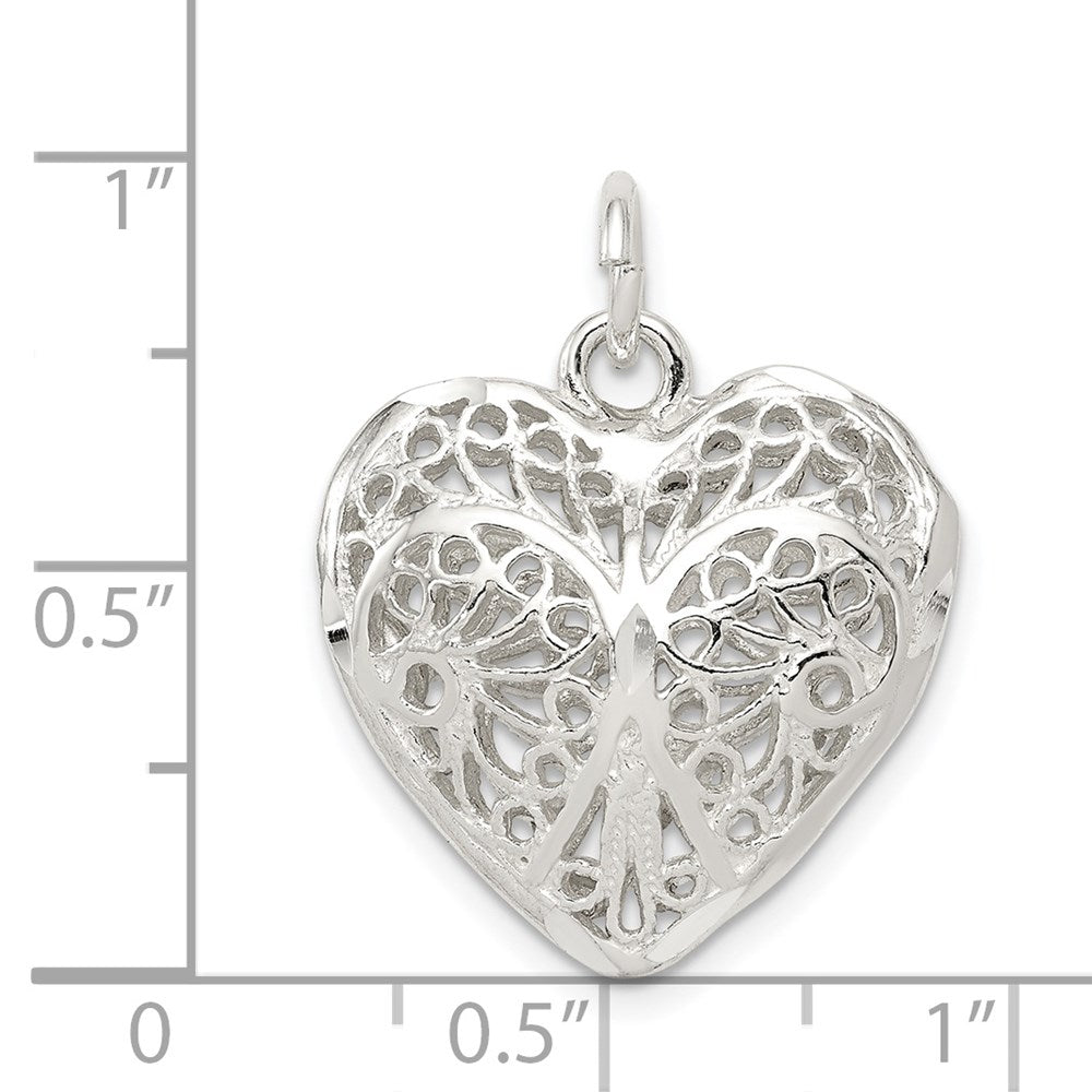Sterling Silver Fancy Filigree Puffed Heart Charm