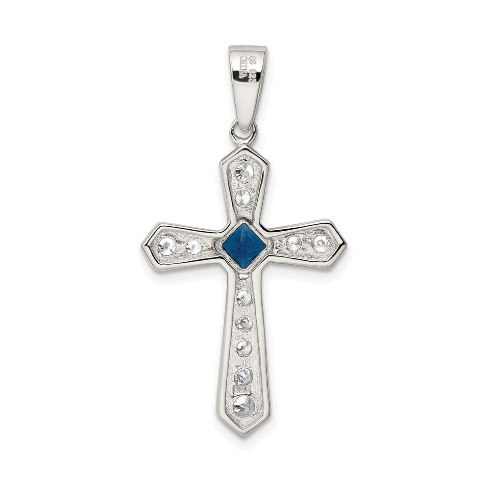 Sterling Silver Rhodium-plated Blue CZ Center & CZ Passion Cross Pendant