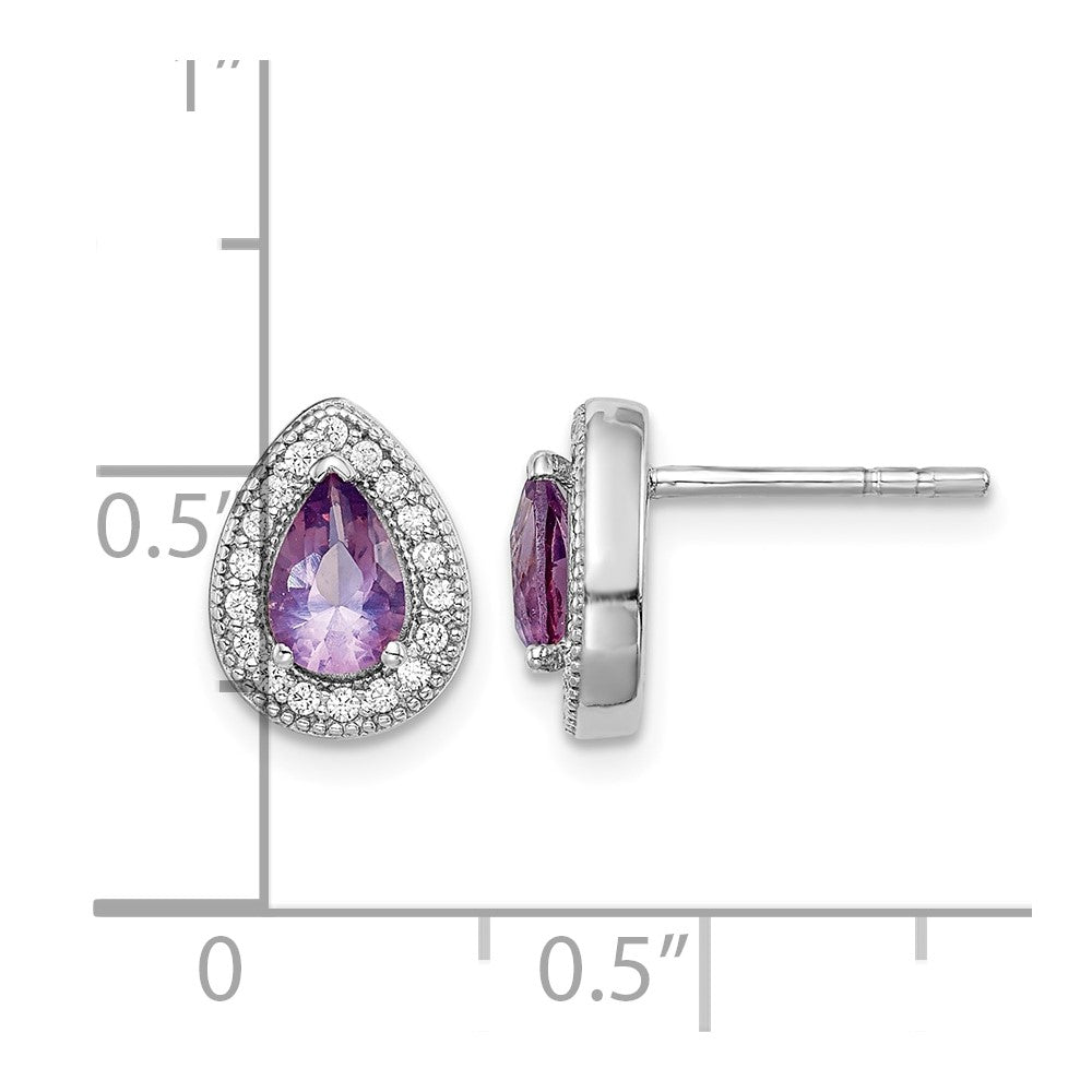Sterling Silver Rhodium-Plated Purple and Clear CZ Post Earrings