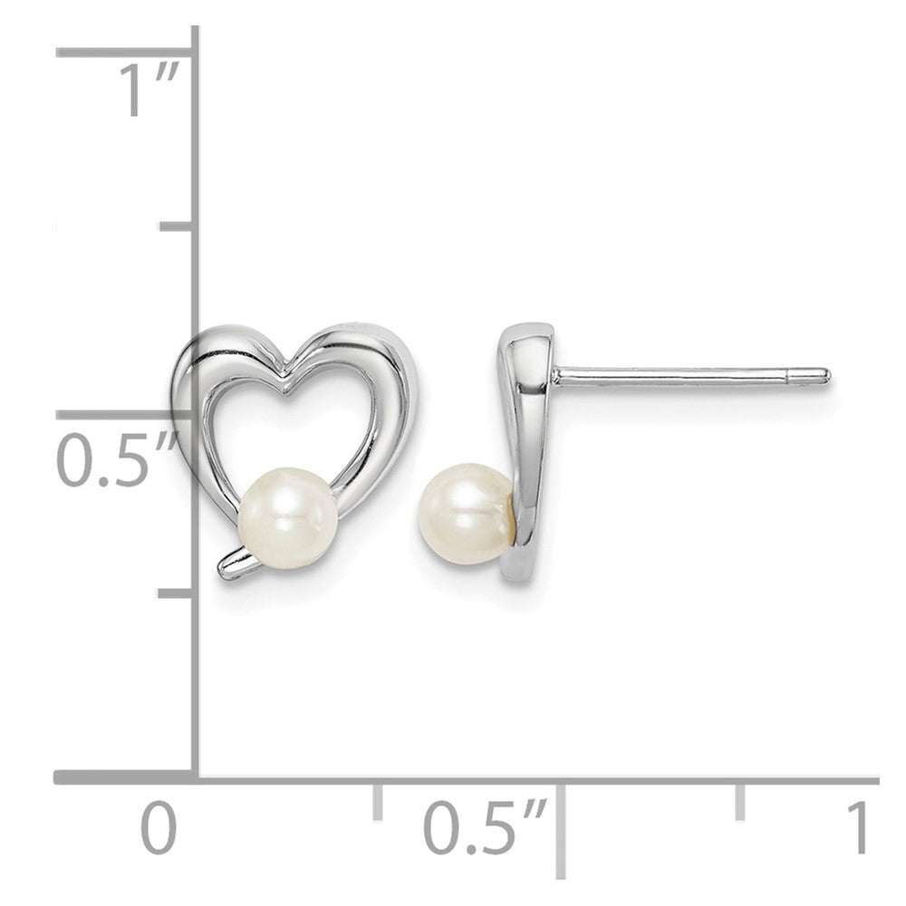 Sterling Silver Rhod-plat 3-4mm White Round FWC Pearl Heart Earrings