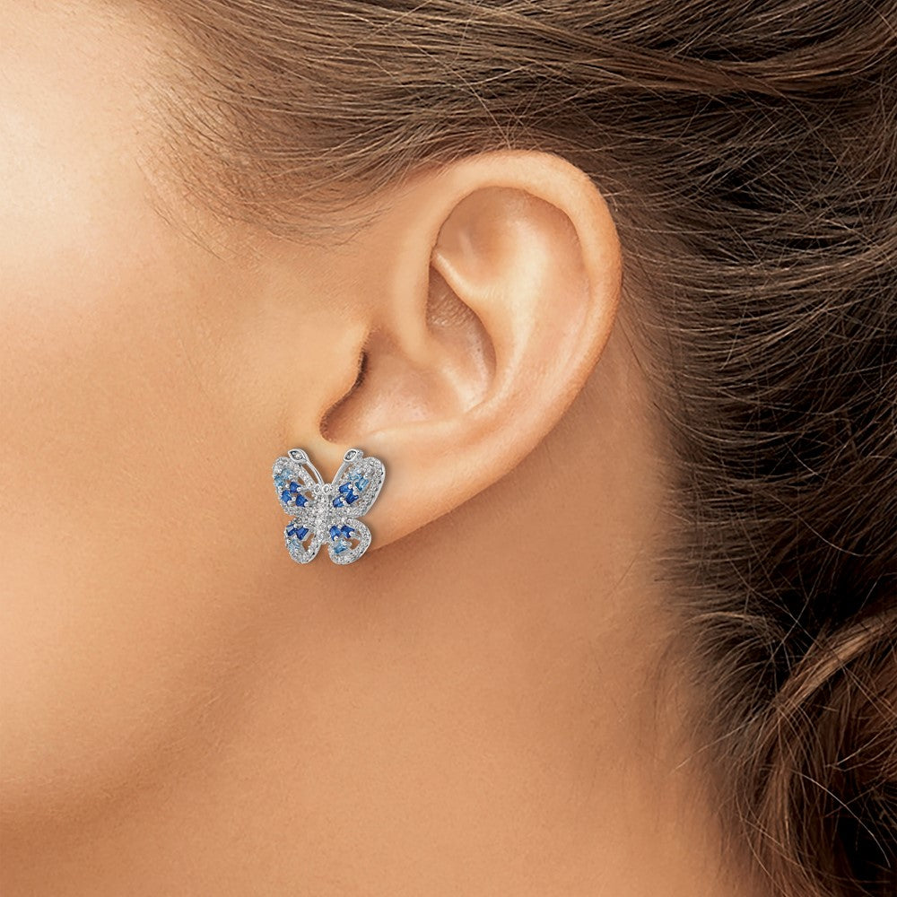 Sterling Silver RH-plated Polished Blue & Clear CZ Butterfly Post Earrings