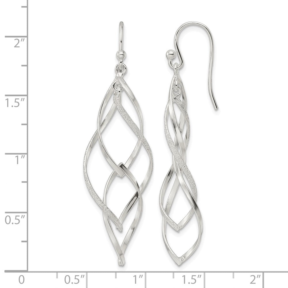 Sterling Silver Polished & Lasered Texture Twisted Dangle Hook Earrings