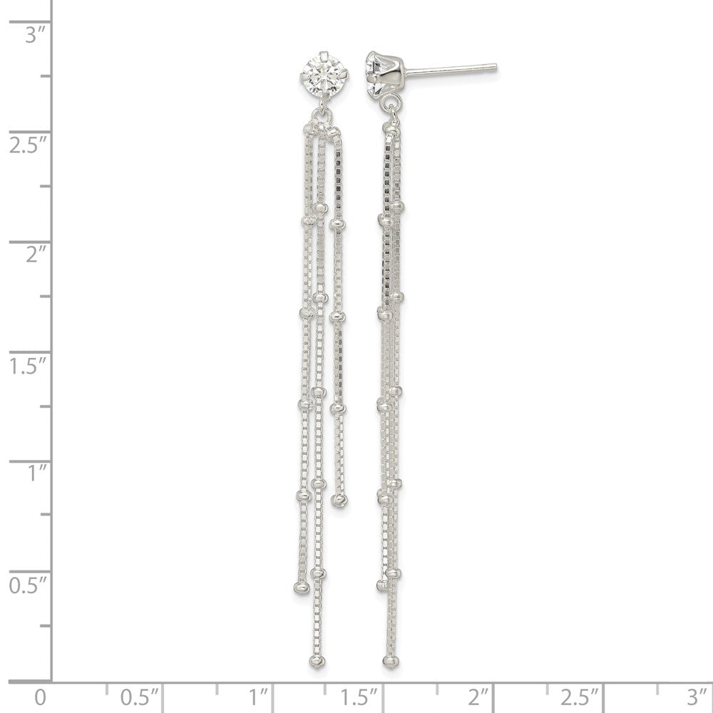 Sterling Silver Polished CZ & Beaded Chain Post Dangle Earrings