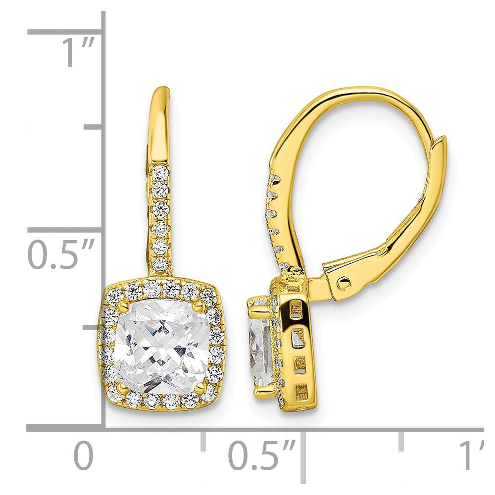 Sterling Silver Gold-tone Polished Princess Cut CZ Halo Leverback Earrings
