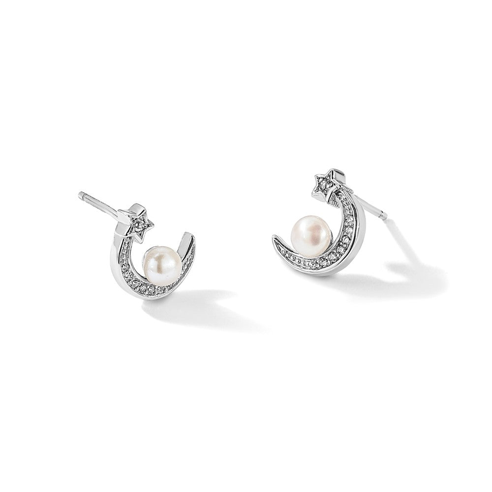 Sterling Silver Rhod-plated CZ and FWC Pearl Moon and Star Post Earrings