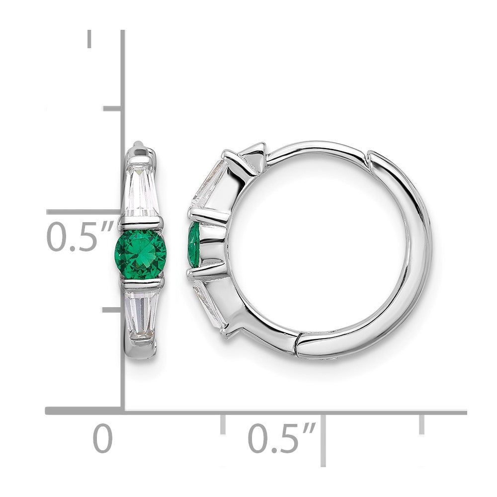 Sterling Silver Rhodium-plated Green/White CZ Hinged Hoop Earrings