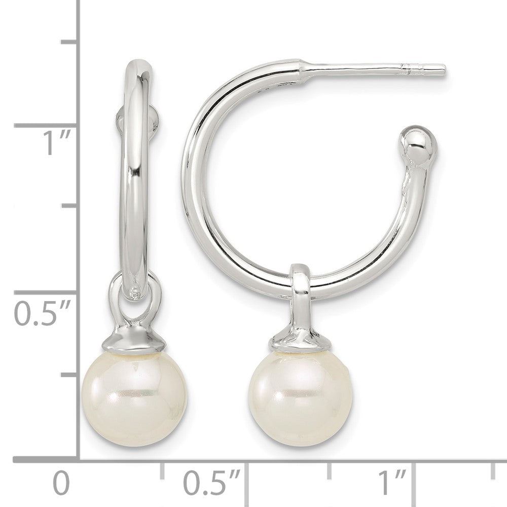 Sterling Silver Polished Dangling 8mm Glass Pearl Post C-Hoop Earrings