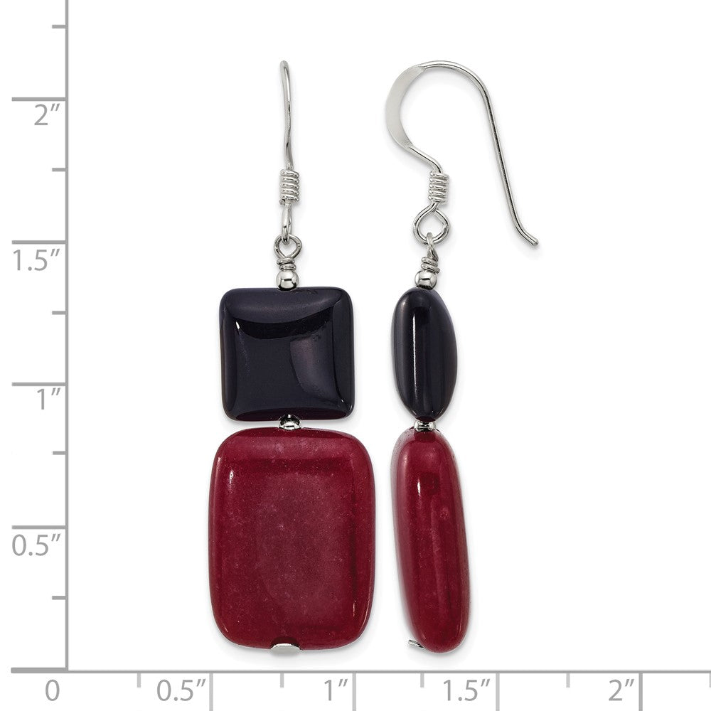 Sterling Silver Polished Black Agate and Red Jade Dangle Earrings