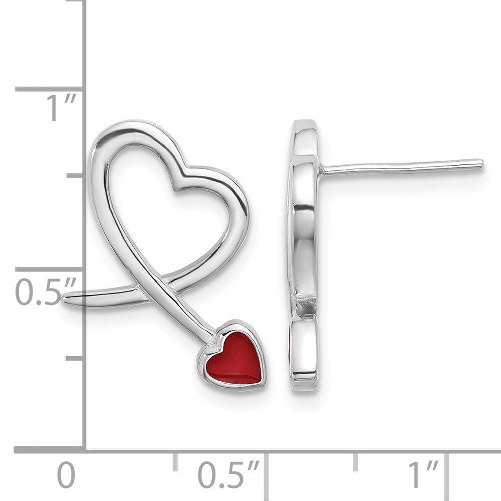 Sterling Silver Rhodium-plated Polished Red Resin Open Heart Post Earrings