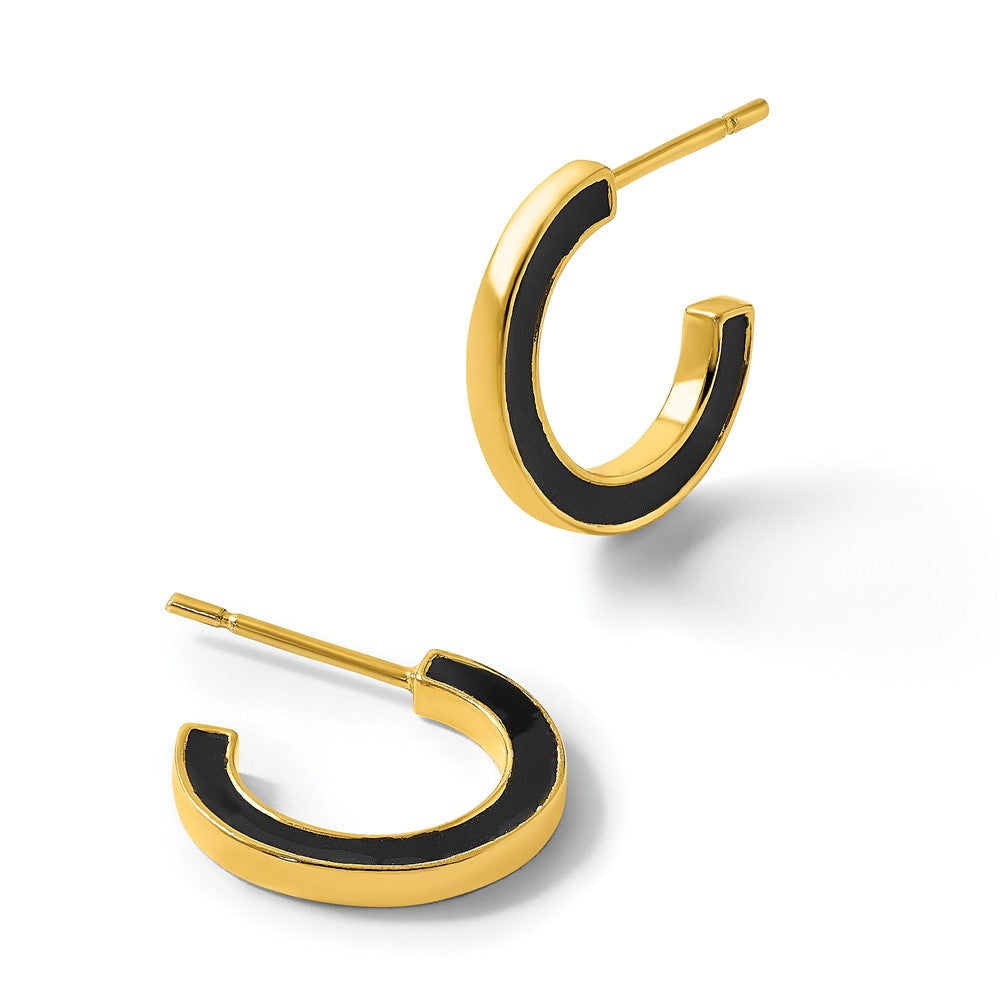 SS Gold-tone Polished Black Enamel 15x2mm Post C-Hoop Earrings
