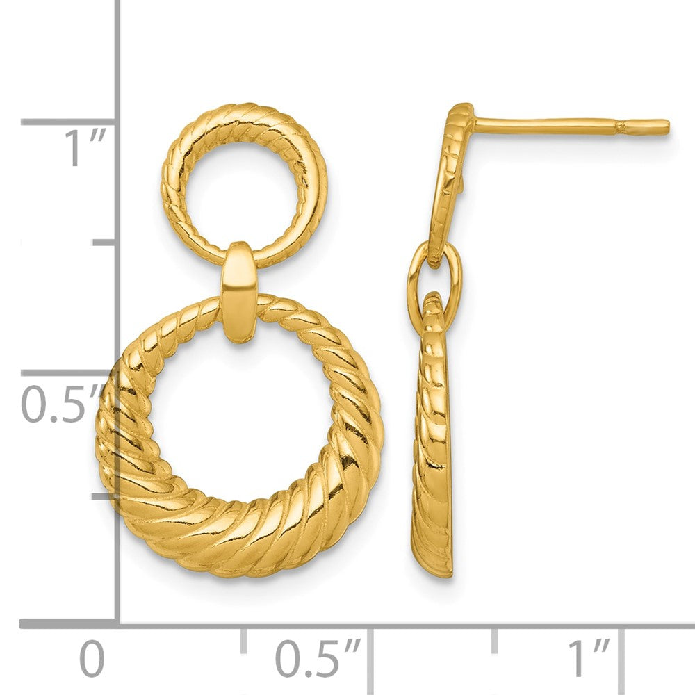 SS Gold-tone Polished and Grooved Double Circle Post Dangle Earrings