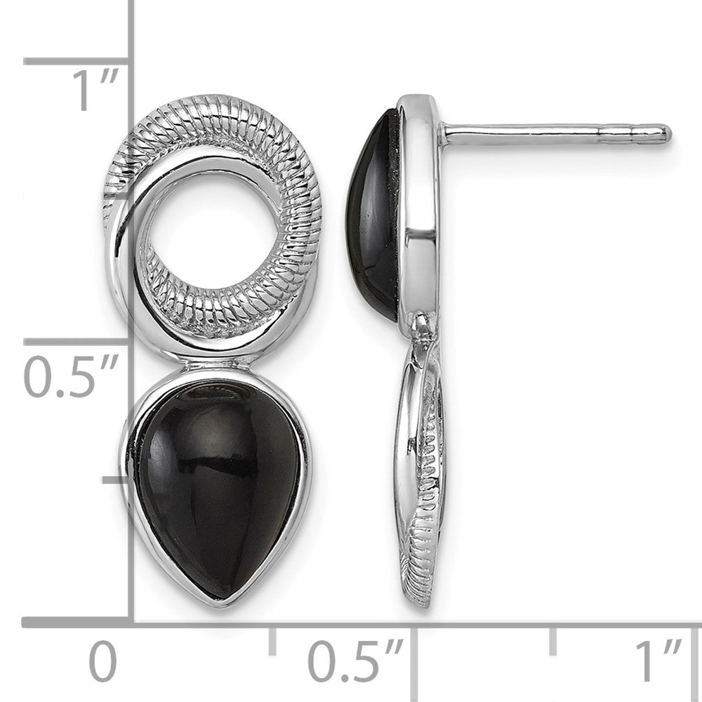 Sterling Silver Rhodium-plated Black Agate Circle Teardrop Post Earrings