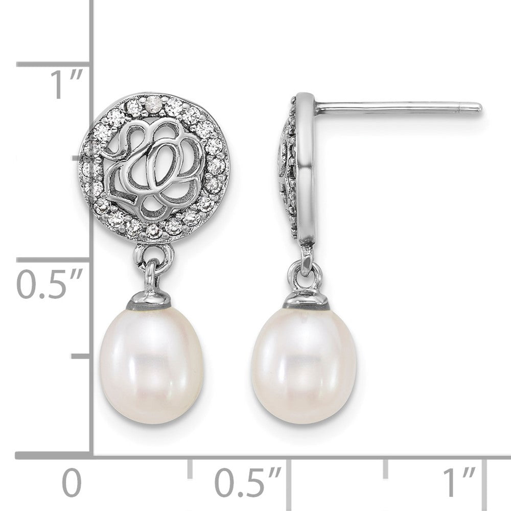 Sterling Silver Rh-plated 6-7mm FWC Pearl & CZ Post Dangle Earrings