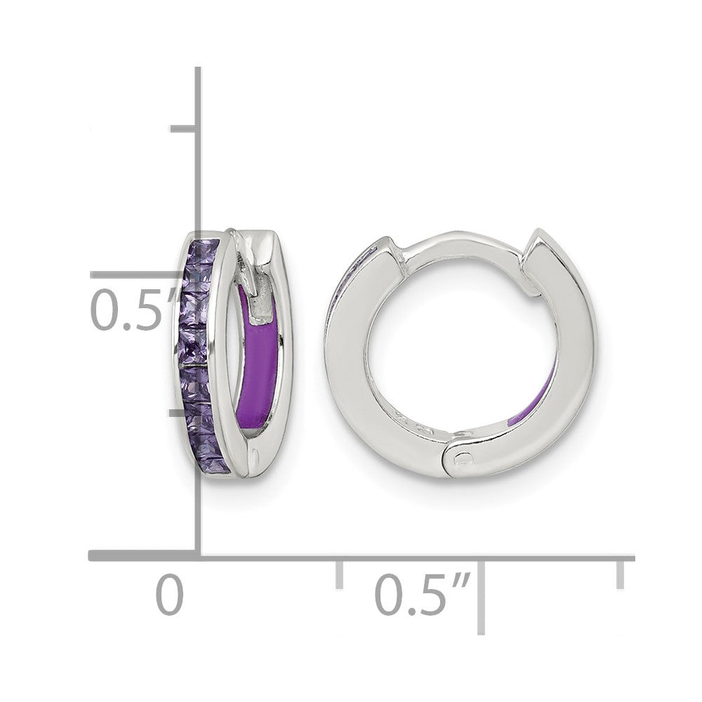 SS Polished Purple CZ and Enamel In/Out Hinged Round Hoop Earrings